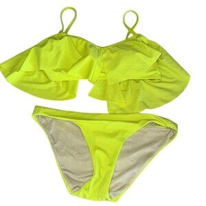 Neon Yellow Ruffled Bikini Set - Adjustable Straps & Tie-Back Top